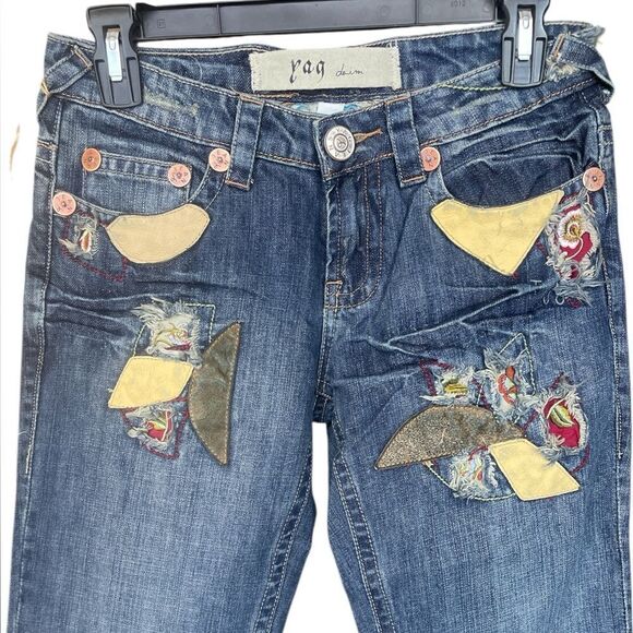 Y A G Deim unique leather Patchwork 3 Y2K  Flower Embroidered boots Leg Low Rise - Picture 2 of 8